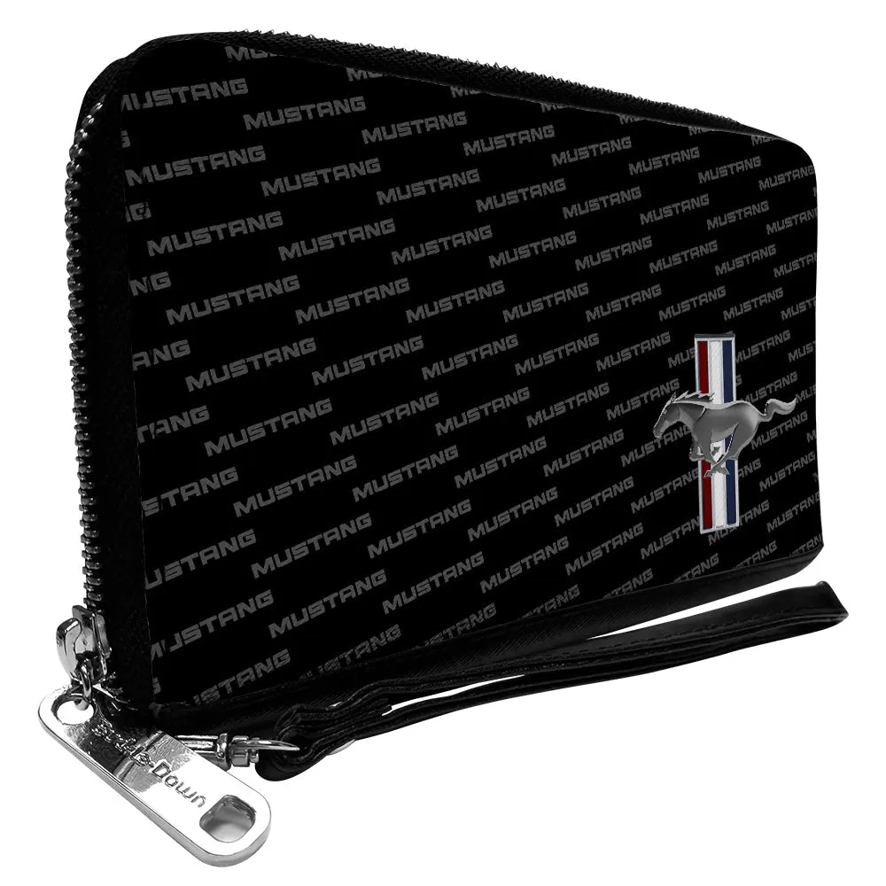 Wholesale PU Zip Around Wallet Rectangle - Ford Mustang w/Bars CORNER w/Text Black