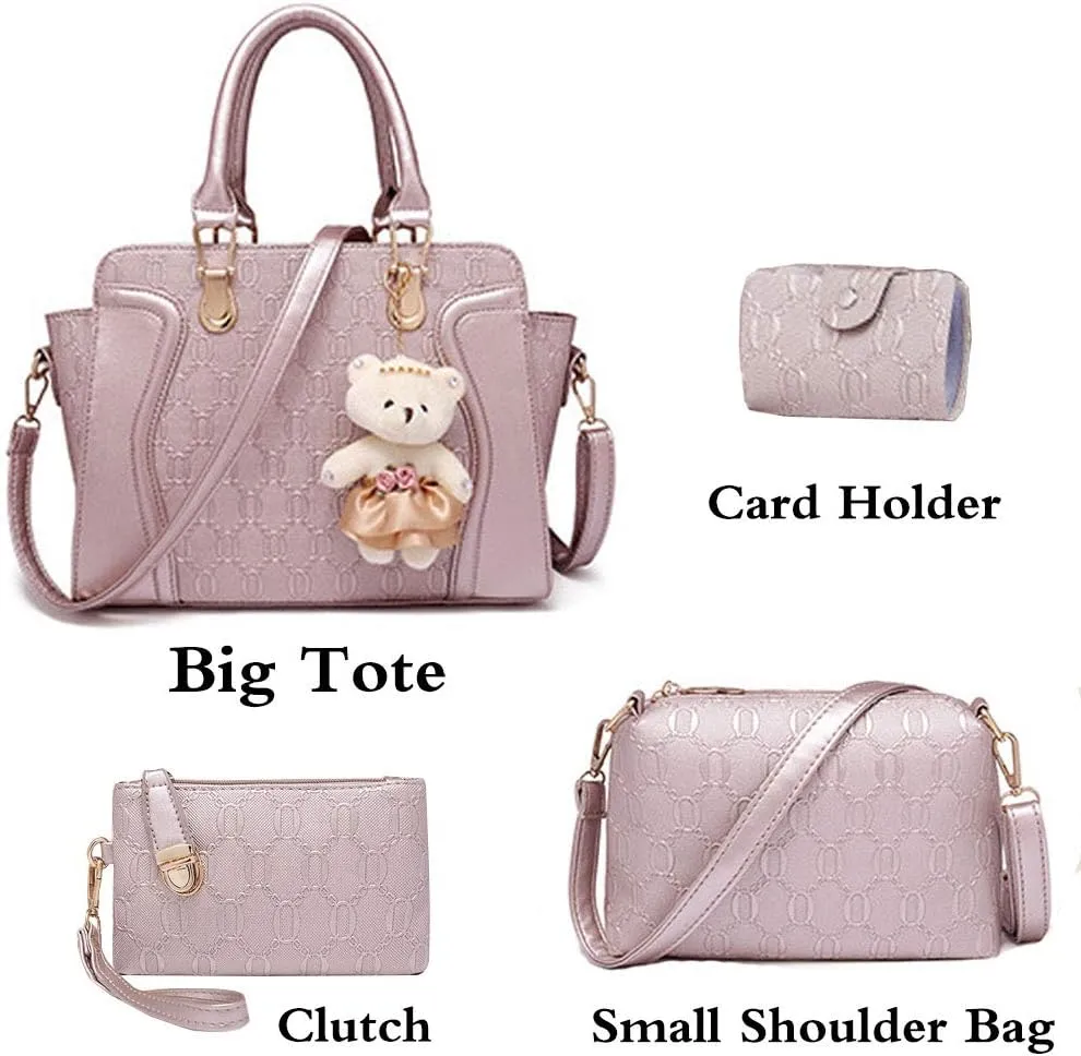 Women 4PCS Tote Satchel Shoulder Bag PU Top Handle Bag Clutch Card Holder