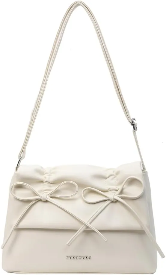 Women Bowknot Pu Shoulder Bag Casual Handbag With Flap Cover Retro Classic Purse With Adjustable Shoulder Strap La