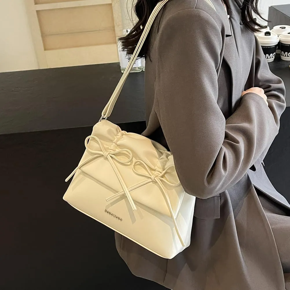Women Bowknot Pu Shoulder Bag Casual Handbag With Flap Cover Retro Classic Purse With Adjustable Shoulder Strap La
