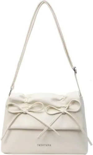 Women Bowknot Pu Shoulder Bag Casual Handbag With Flap Cover Retro Classic Purse With Adjustable Shoulder Strap La