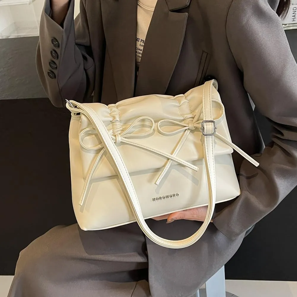 Women Bowknot Pu Shoulder Bag Casual Handbag With Flap Cover Retro Classic Purse With Adjustable Shoulder Strap La