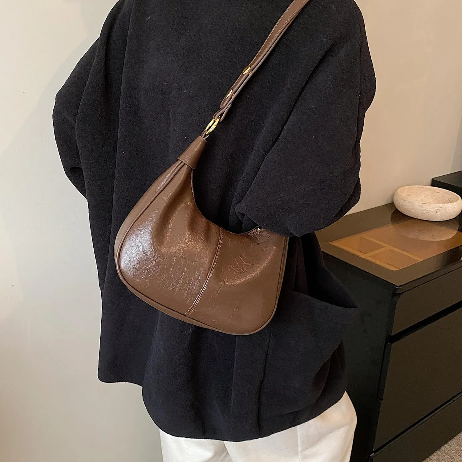 Women Shoulder Bag PU Leather Hobo Bag Vintage Trend Underarm Purse with Adjustable Strap