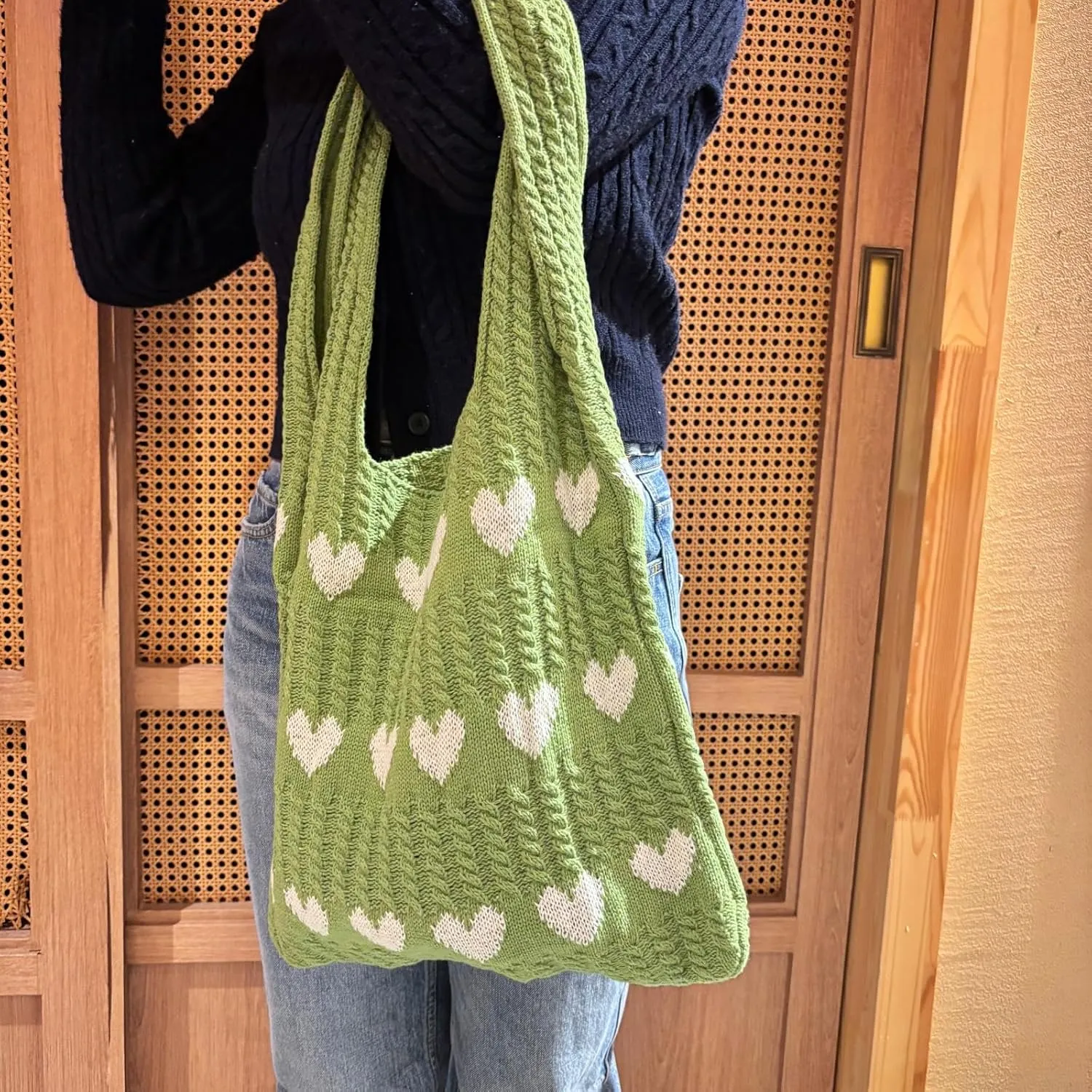Women Tote Bag Shoulder Bag Knitted Hand Bag Heart Pattern Top-Handle Bag Underarm Clutch for Daily Use or Work