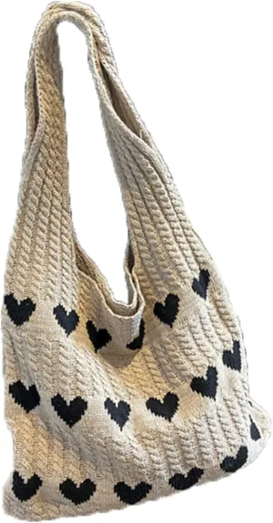 Women Tote Bag Shoulder Bag Knitted Hand Bag Heart Pattern Top-Handle Bag Underarm Clutch for Daily Use or Work