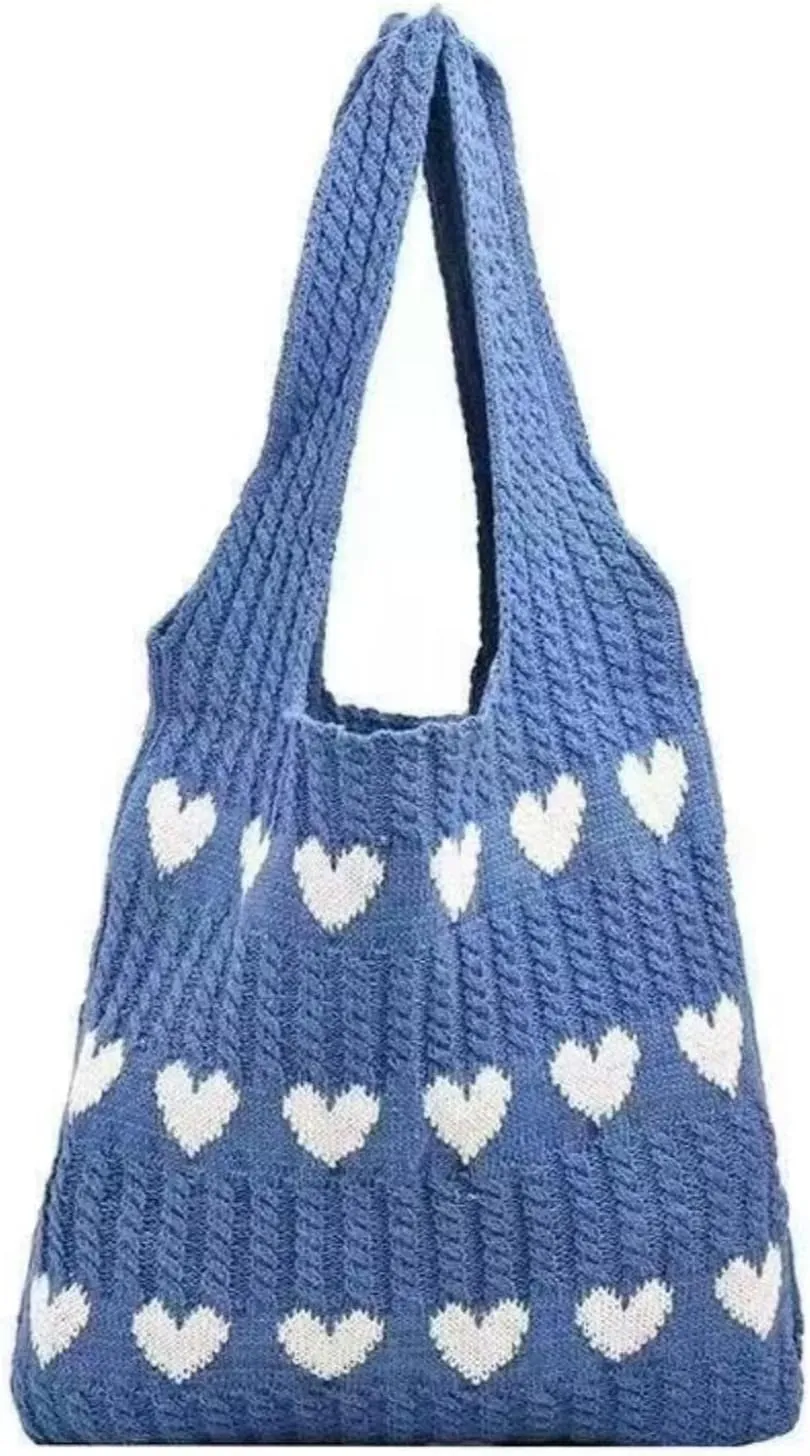Women Tote Bag Shoulder Bag Knitted Hand Bag Heart Pattern Top-Handle Bag Underarm Clutch for Daily Use or Work