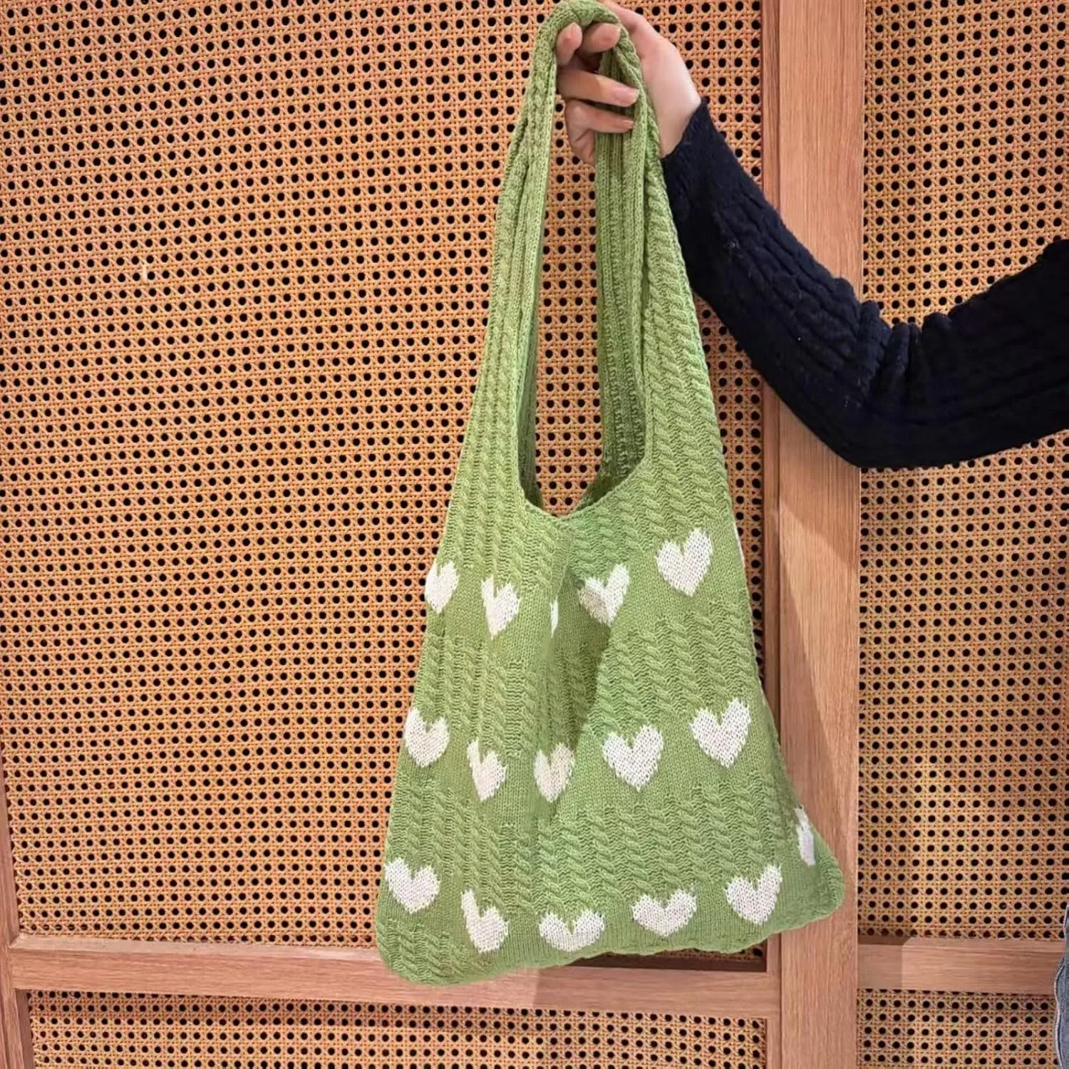 Women Tote Bag Shoulder Bag Knitted Hand Bag Heart Pattern Top-Handle Bag Underarm Clutch for Daily Use or Work