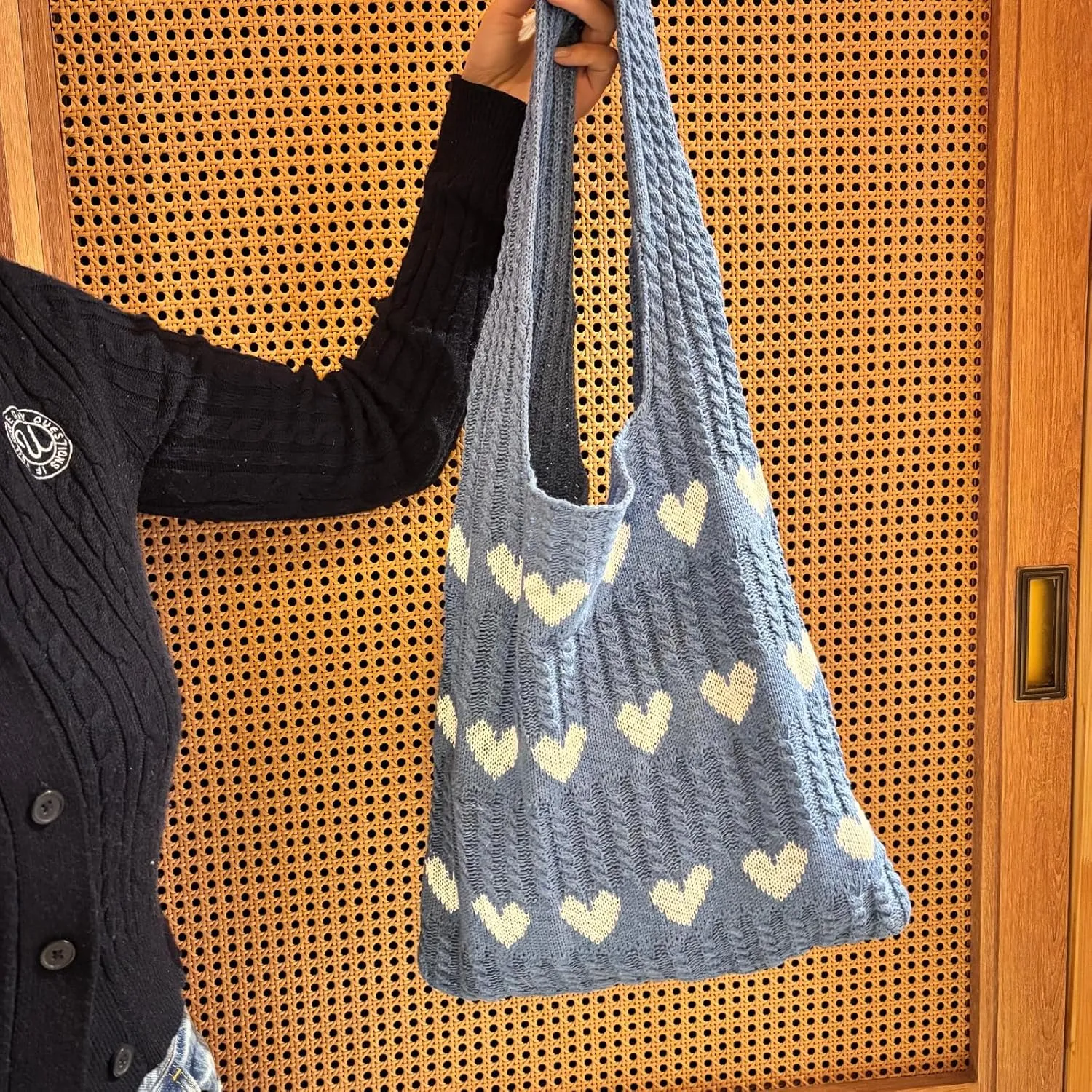 Women Tote Bag Shoulder Bag Knitted Hand Bag Heart Pattern Top-Handle Bag Underarm Clutch for Daily Use or Work