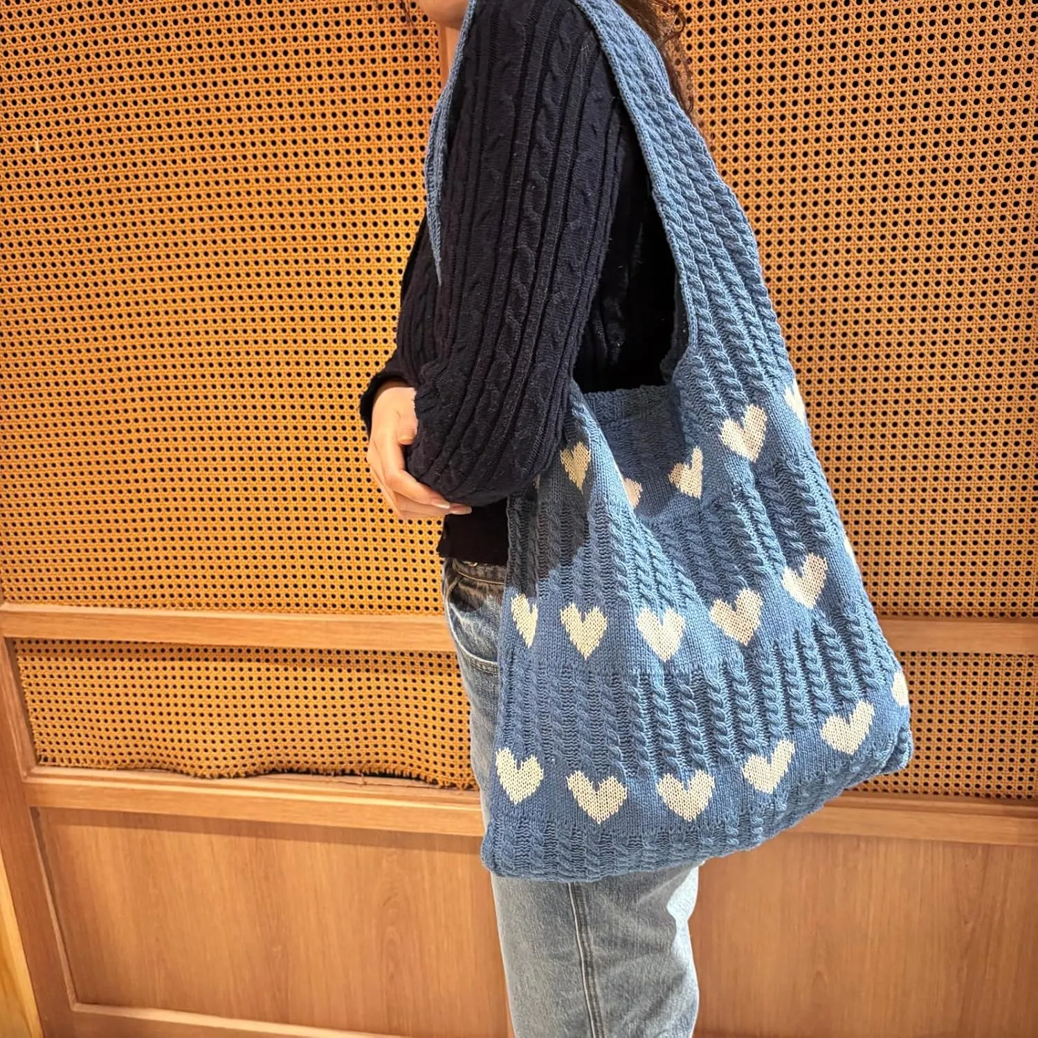 Women Tote Bag Shoulder Bag Knitted Hand Bag Heart Pattern Top-Handle Bag Underarm Clutch for Daily Use or Work