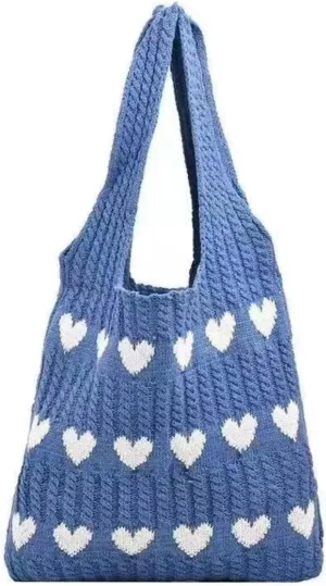 Women Tote Bag Shoulder Bag Knitted Hand Bag Heart Pattern Top-Handle Bag Underarm Clutch for Daily Use or Work