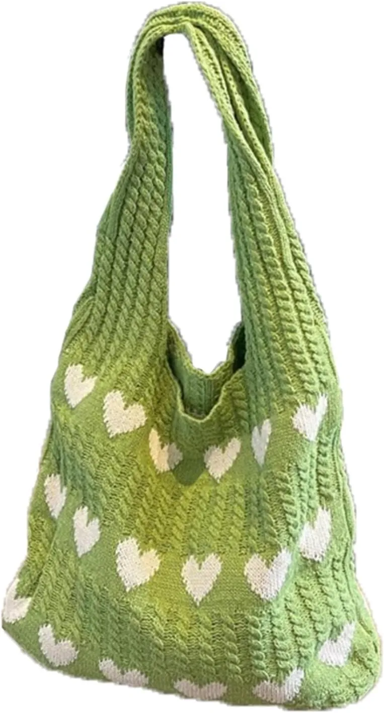 Women Tote Bag Shoulder Bag Knitted Hand Bag Heart Pattern Top-Handle Bag Underarm Clutch for Daily Use or Work