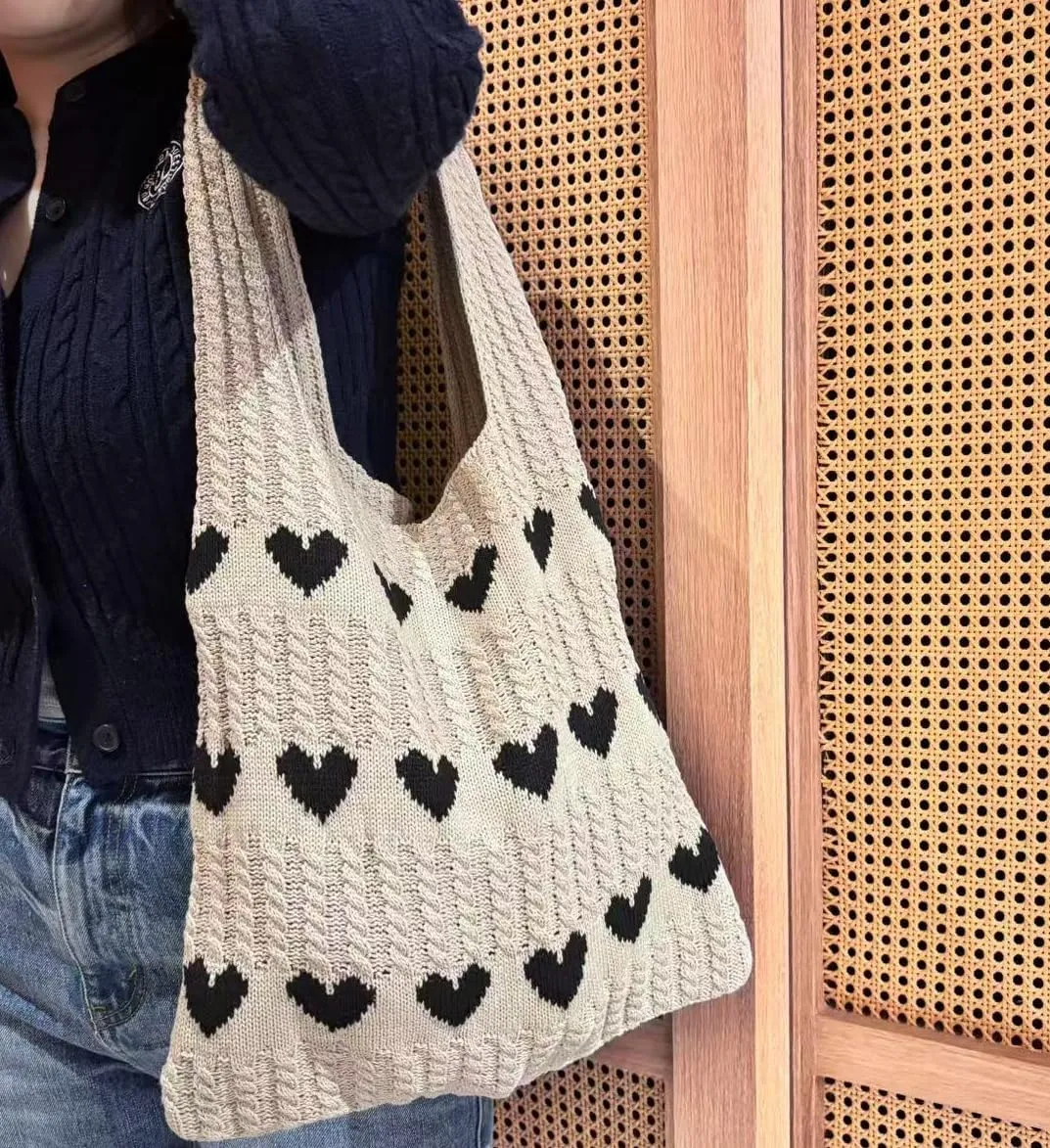 Women Tote Bag Shoulder Bag Knitted Hand Bag Heart Pattern Top-Handle Bag Underarm Clutch for Daily Use or Work