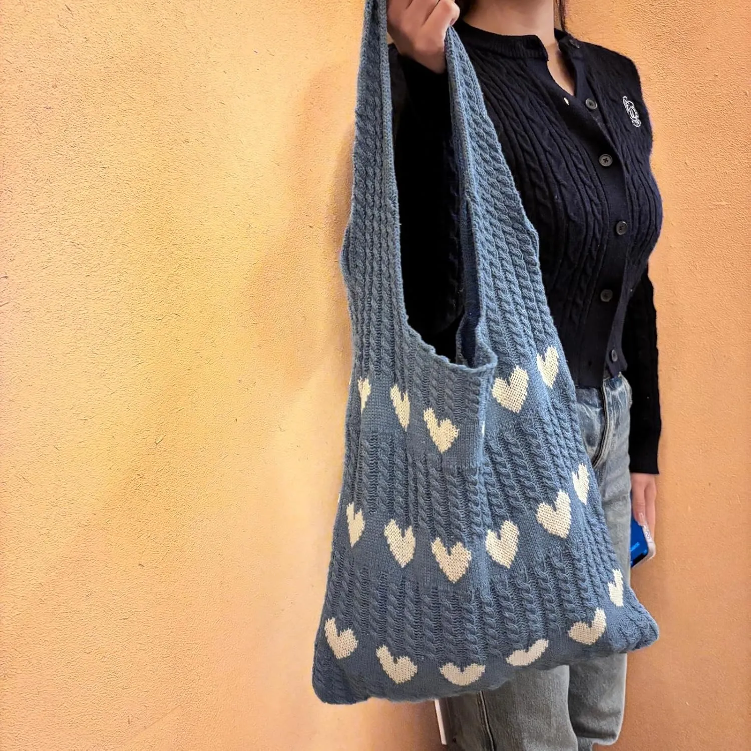 Women Tote Bag Shoulder Bag Knitted Hand Bag Heart Pattern Top-Handle Bag Underarm Clutch for Daily Use or Work
