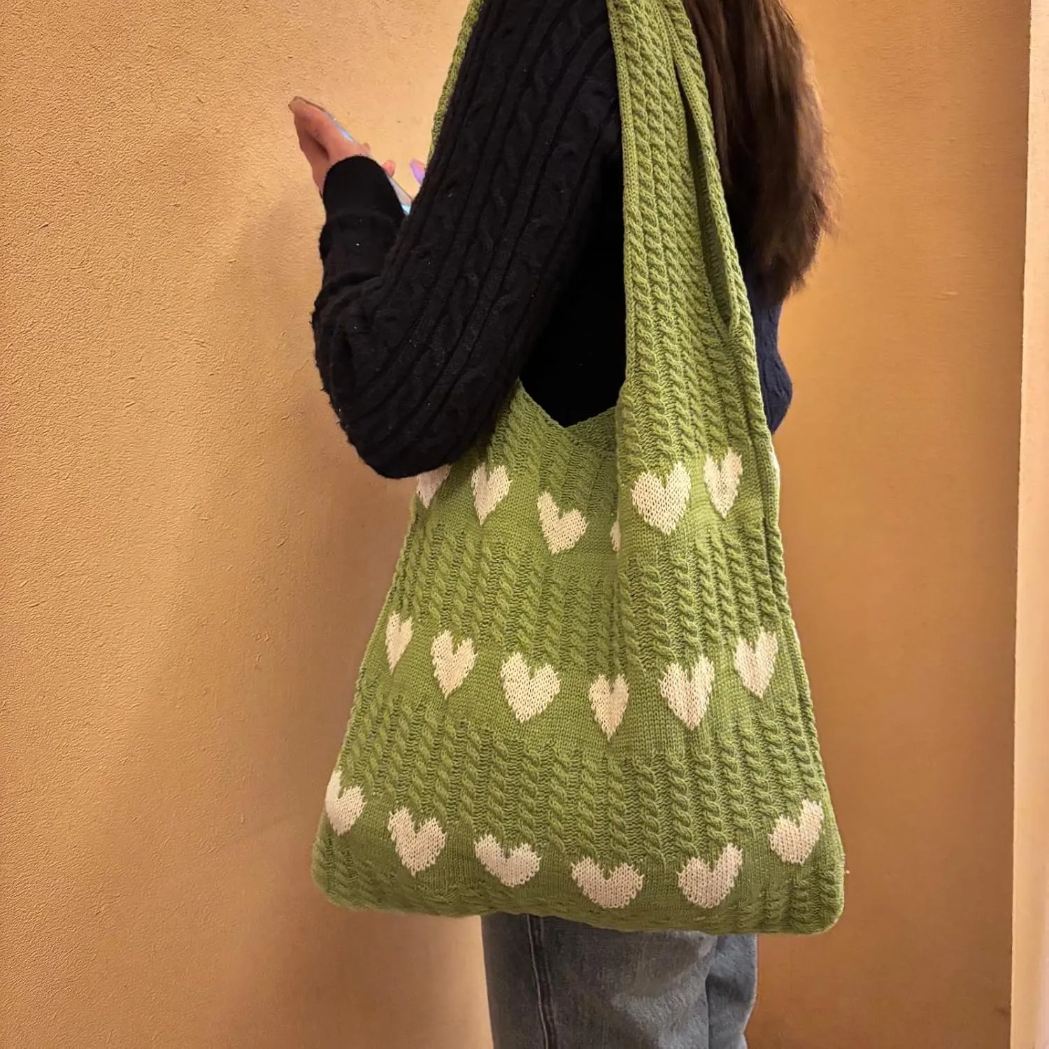 Women Tote Bag Shoulder Bag Knitted Hand Bag Heart Pattern Top-Handle Bag Underarm Clutch for Daily Use or Work