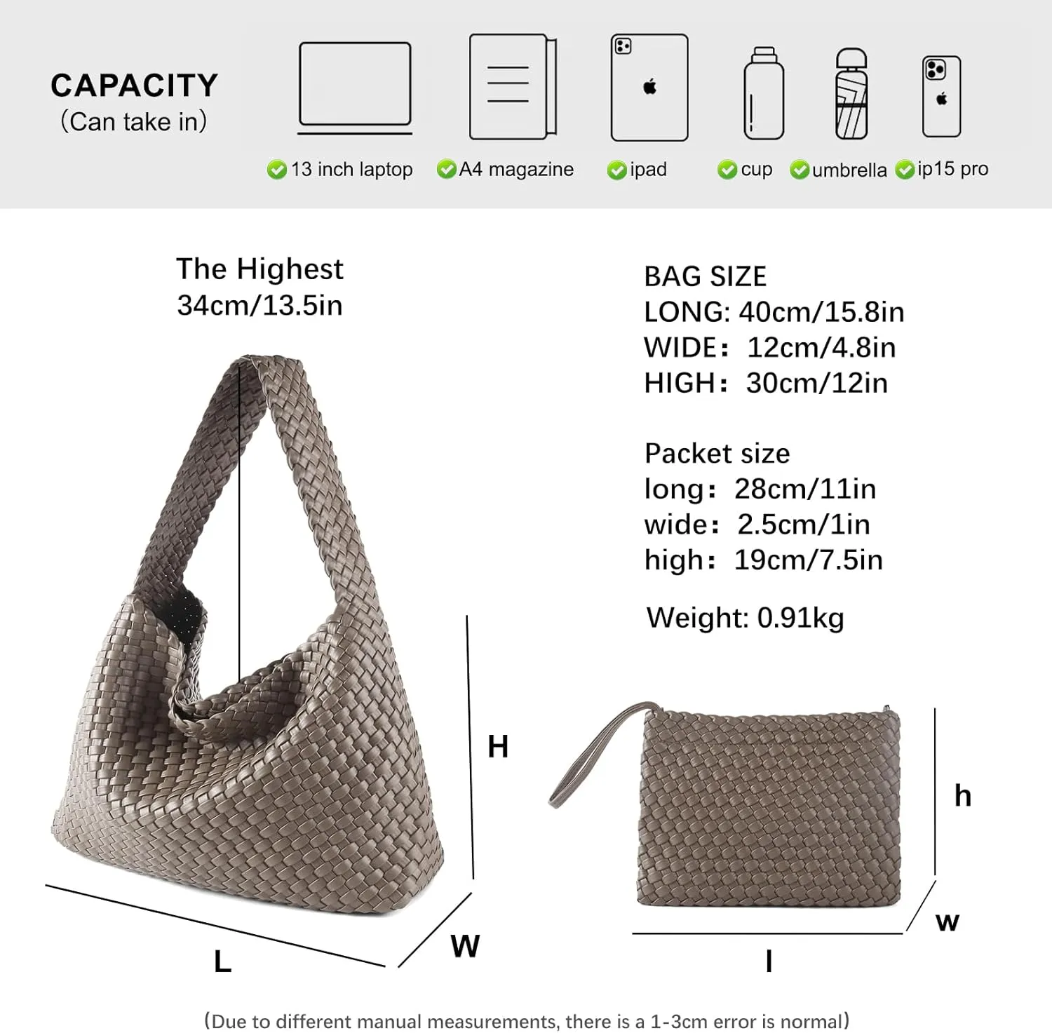 Women Vegan Leather Hand-Woven Tote Handbag Fashion All-Match Underarm Bag with Purse Soft Summer Hobo Tote Bag