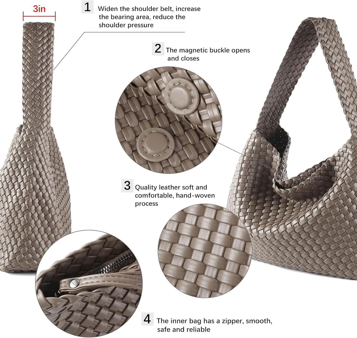 Women Vegan Leather Hand-Woven Tote Handbag Fashion All-Match Underarm Bag with Purse Soft Summer Hobo Tote Bag