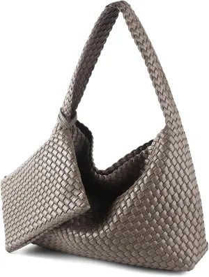 Women Vegan Leather Hand-Woven Tote Handbag Fashion All-Match Underarm Bag with Purse Soft Summer Hobo Tote Bag