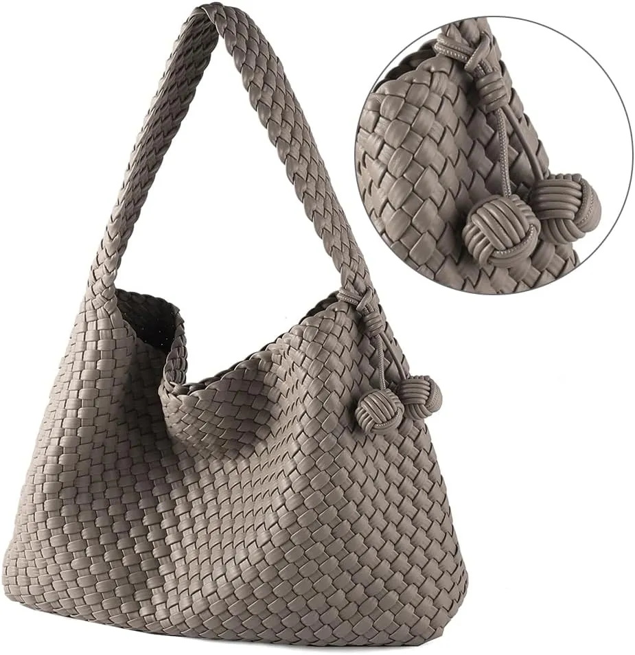Women Vegan Leather Hand-Woven Tote Handbag Fashion All-Match Underarm Bag with Purse Soft Summer Hobo Tote Bag