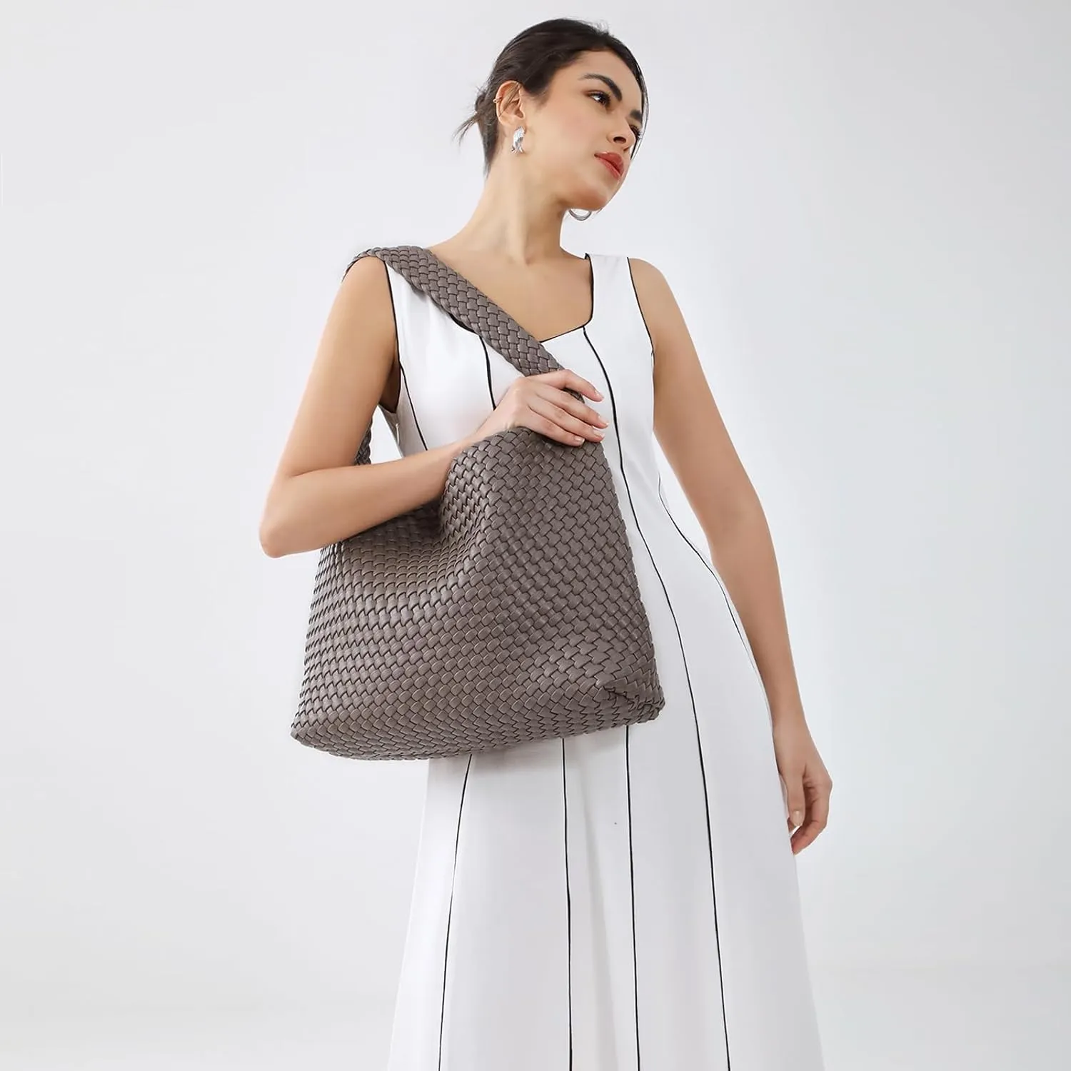 Women Vegan Leather Hand-Woven Tote Handbag Fashion All-Match Underarm Bag with Purse Soft Summer Hobo Tote Bag