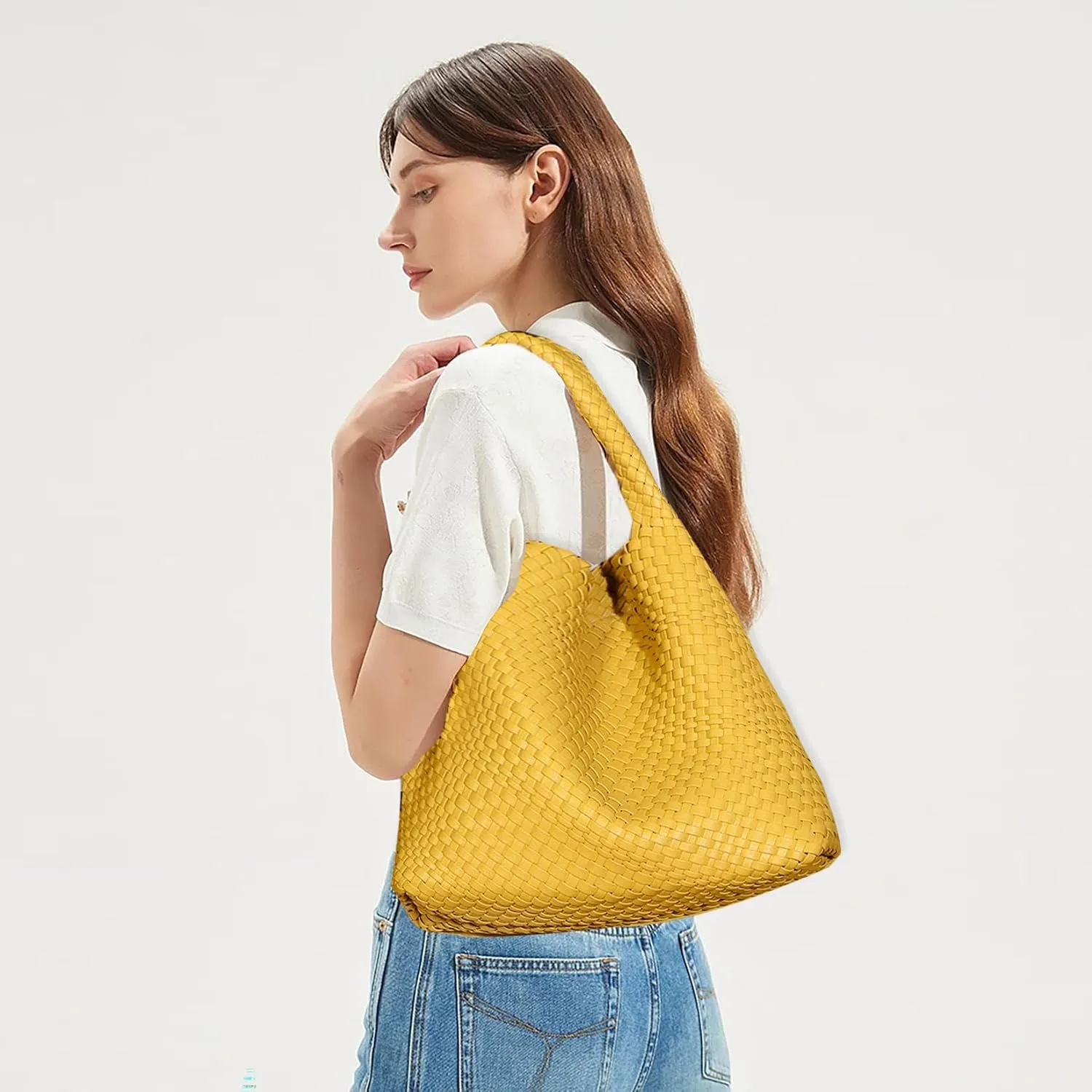 Women Vegan Leather Hand-Woven Tote Handbag Fashion Shoulder Top-handle Bag All-Match Underarm Bag with Purse