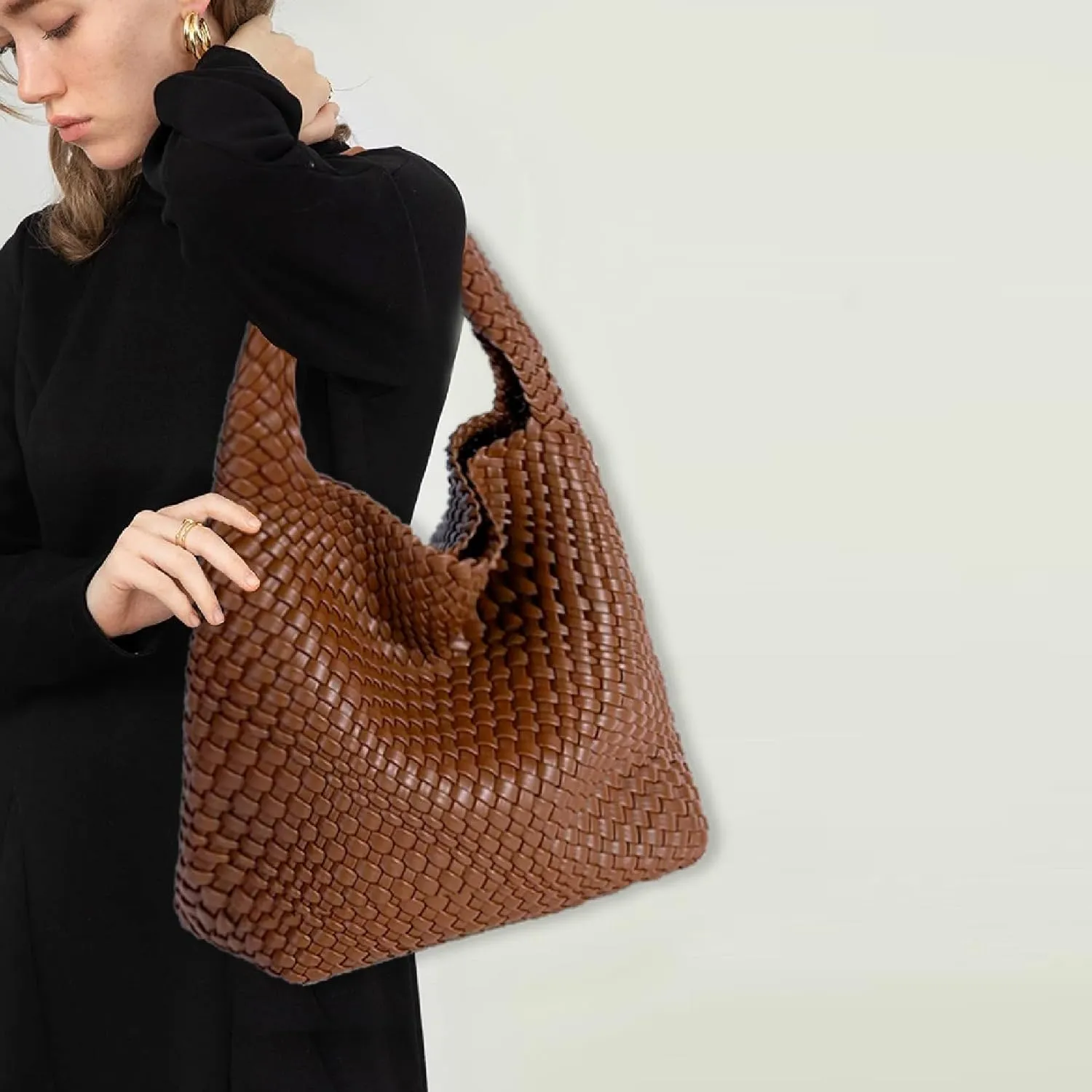Women Vegan Leather Hand-Woven Tote Handbag Fashion Shoulder Top-handle Bag All-Match Underarm Bag with Purse