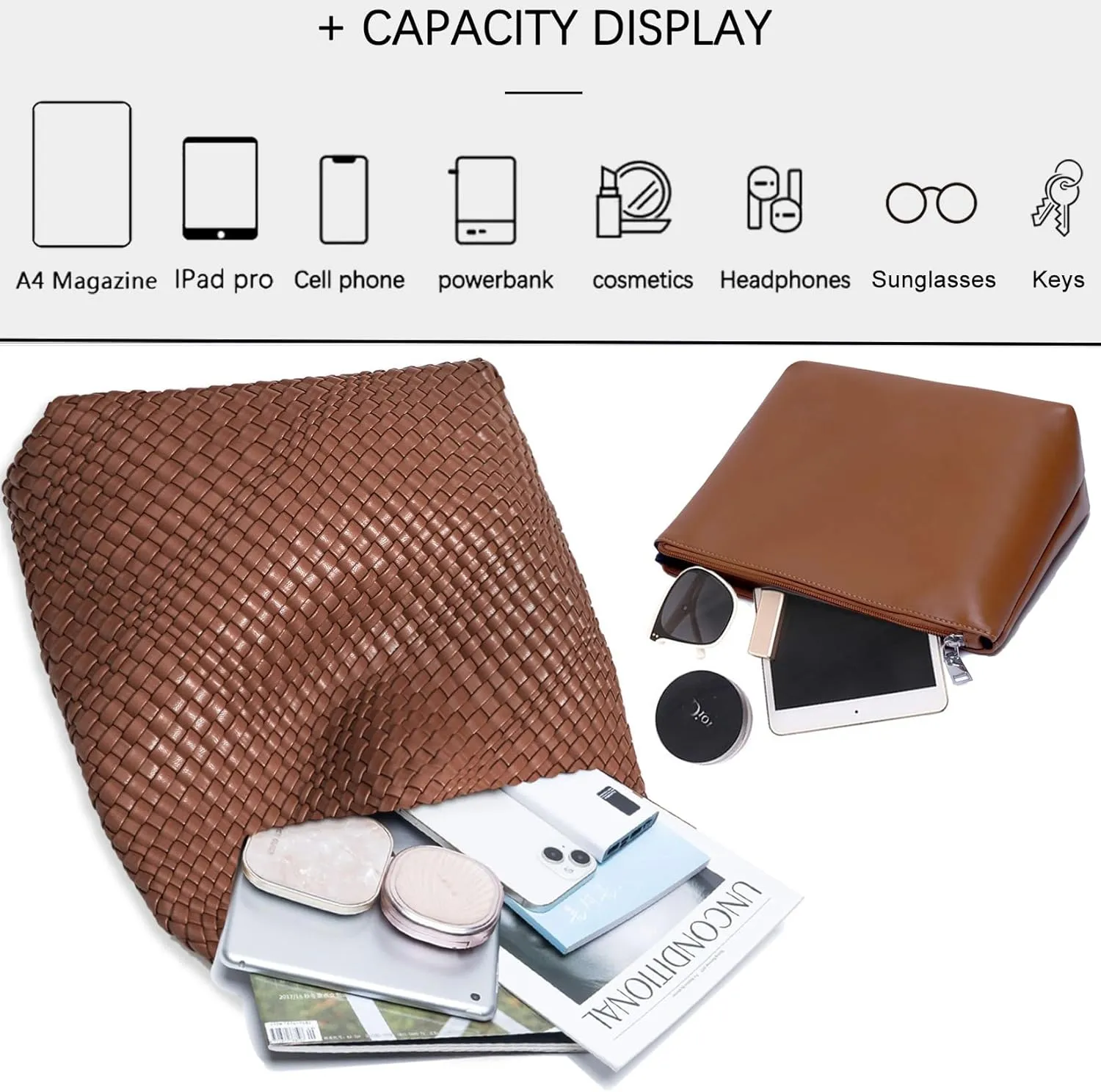 Women Vegan Leather Hand-Woven Tote Handbag Fashion Shoulder Top-handle Bag All-Match Underarm Bag with Purse