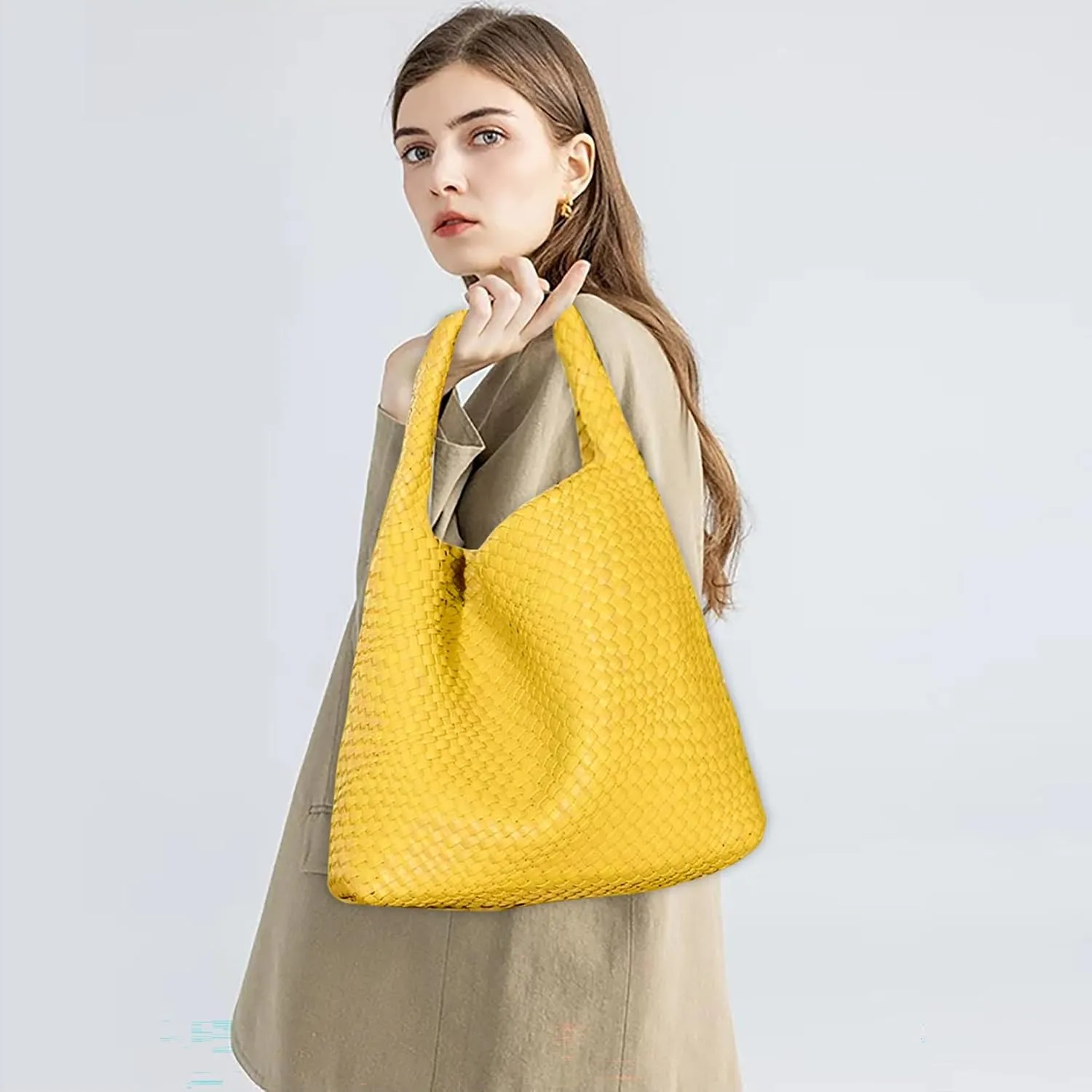 Women Vegan Leather Hand-Woven Tote Handbag Fashion Shoulder Top-handle Bag All-Match Underarm Bag with Purse