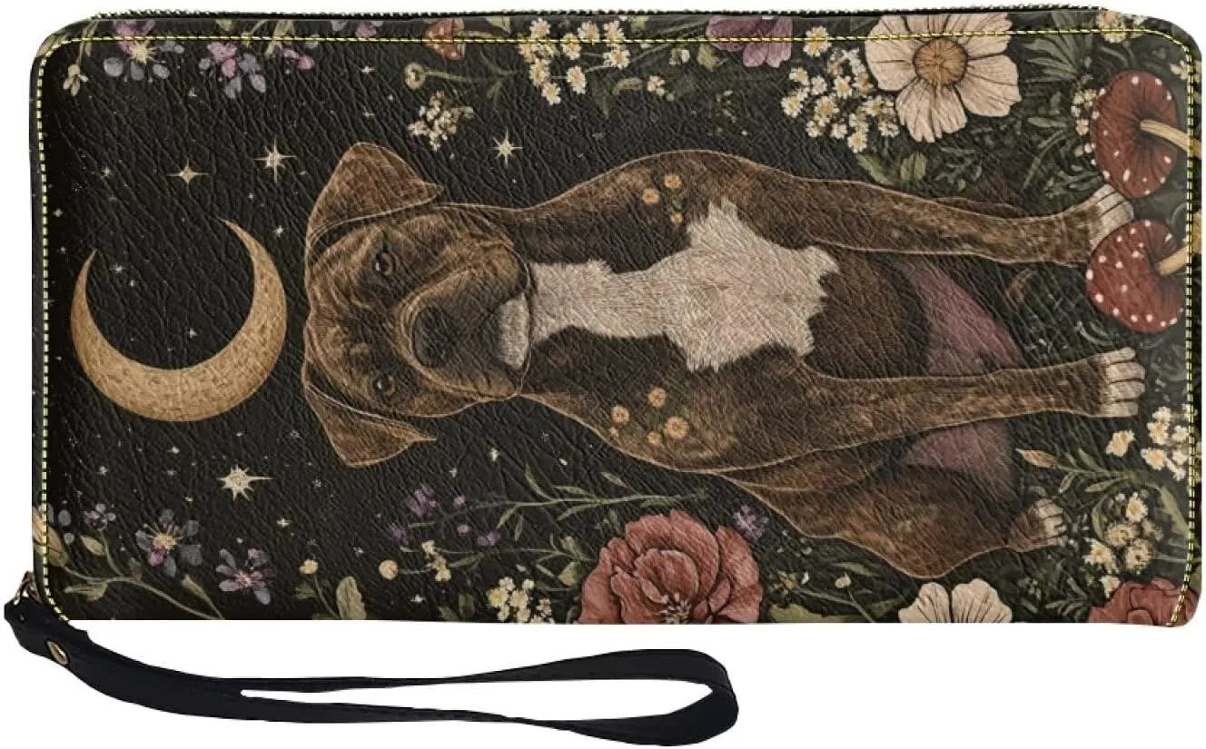 Women Wristlet Wallets Bull Terrier Dog Moon Floral Print Around Zipper Large Capacity Credit Card Clutch Leather Coin Long Purse