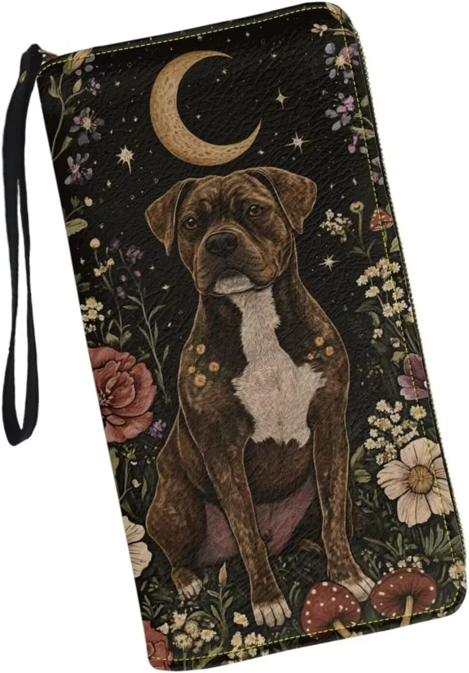 Women Wristlet Wallets Bull Terrier Dog Moon Floral Print Around Zipper Large Capacity Credit Card Clutch Leather Coin Long Purse