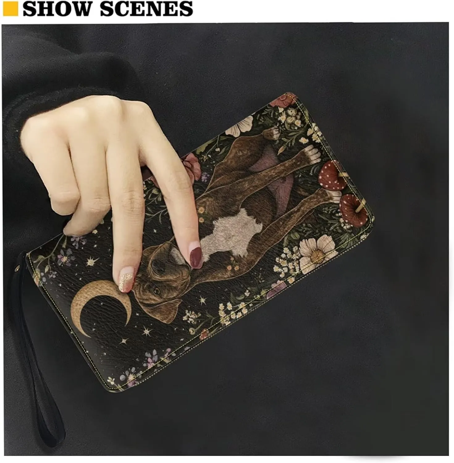 Women Wristlet Wallets Bull Terrier Dog Moon Floral Print Around Zipper Large Capacity Credit Card Clutch Leather Coin Long Purse