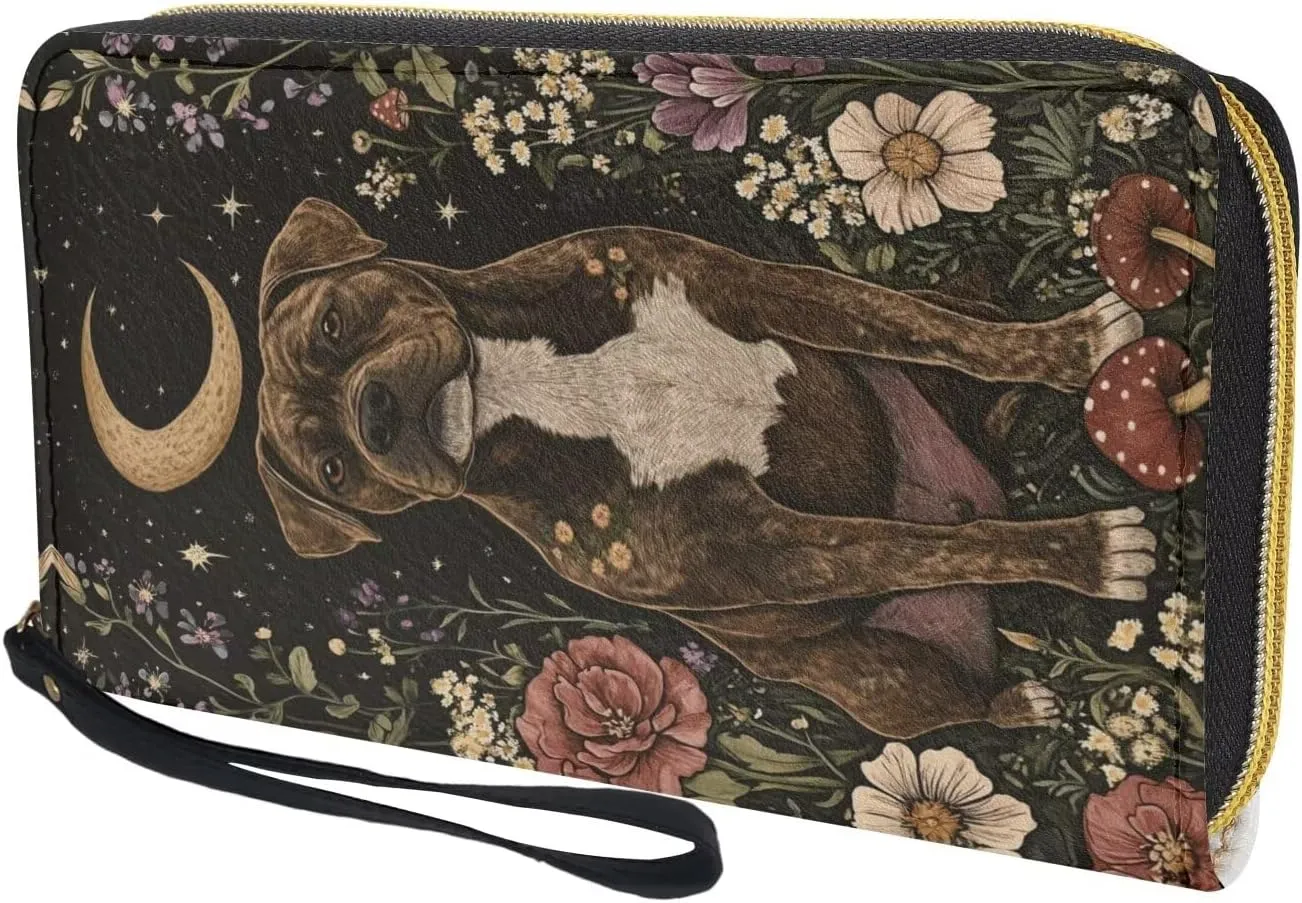 Women Wristlet Wallets Bull Terrier Dog Moon Floral Print Around Zipper Large Capacity Credit Card Clutch Leather Coin Long Purse