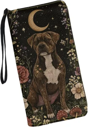 Women Wristlet Wallets Bull Terrier Dog Moon Floral Print Around Zipper Large Capacity Credit Card Clutch Leather Coin Long Purse