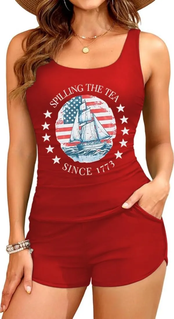 Women's American Flag Graphic Two-Piece Tankini Swimsuits 4th of July Tankini Tank Top Sets Swimwear with Two Side Pockets