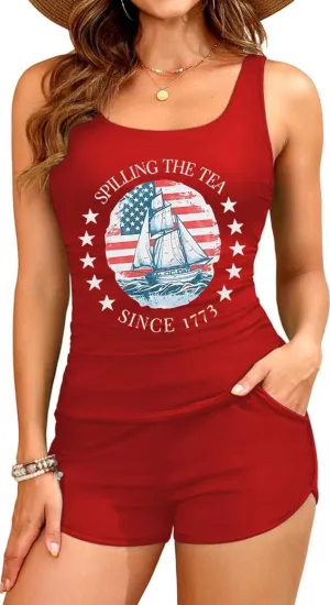 Women's American Flag Graphic Two-Piece Tankini Swimsuits 4th of July Tankini Tank Top Sets Swimwear with Two Side Pockets