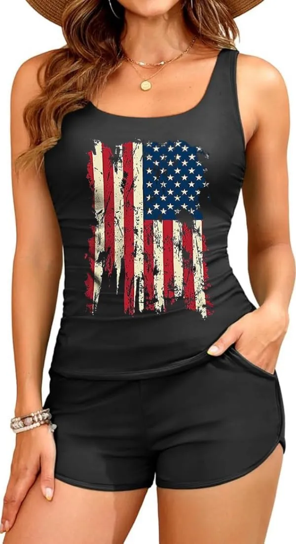 Women's American Flag Graphic Two-Piece Tankini Swimsuits 4th of July Tankini Tank Top Sets Swimwear with Two Side Pockets
