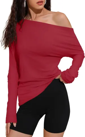 Women's Asymmetrical Long Sleeve Top Off Shoulder Oversized T Shirts 2025 Loose Fit Casual Workout Tee
