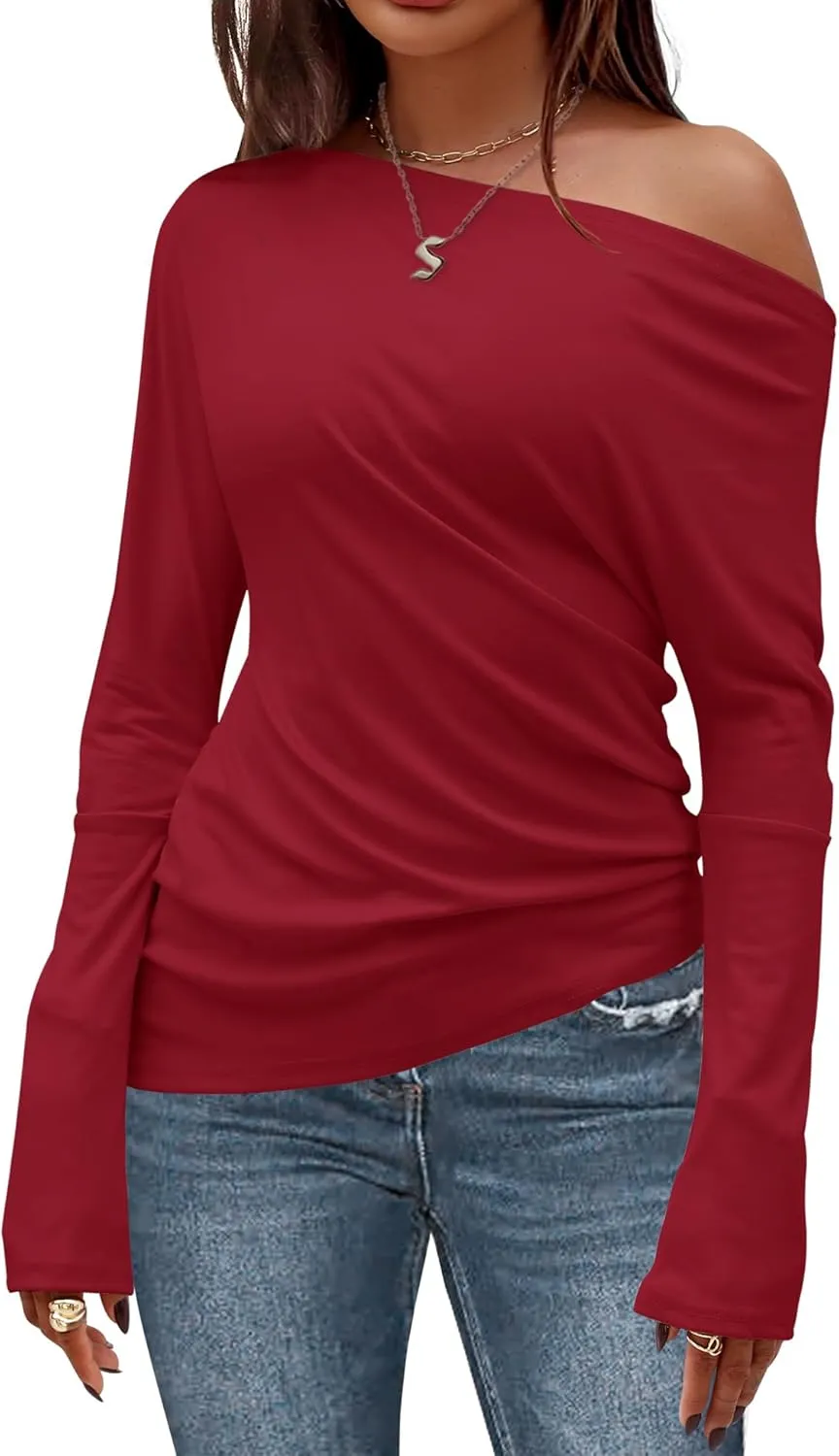 Women's Asymmetrical Long Sleeve Top Off Shoulder Oversized T Shirts 2025 Loose Fit Casual Workout Tee