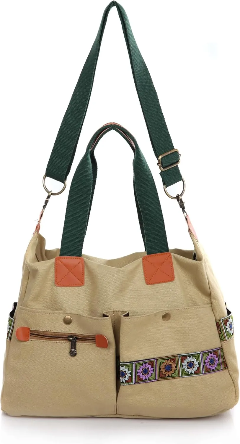 Women’s Canvas Vintage Boho Embroidery Crossbody Shoulder Handbag With Multi Pockets