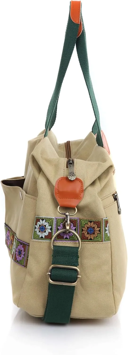 Women’s Canvas Vintage Boho Embroidery Crossbody Shoulder Handbag With Multi Pockets