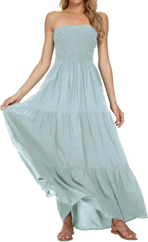 Women's Casual Off Shoulder Maxi Dress Strapless Tube Top Bohemian Beach Long Dresses 092