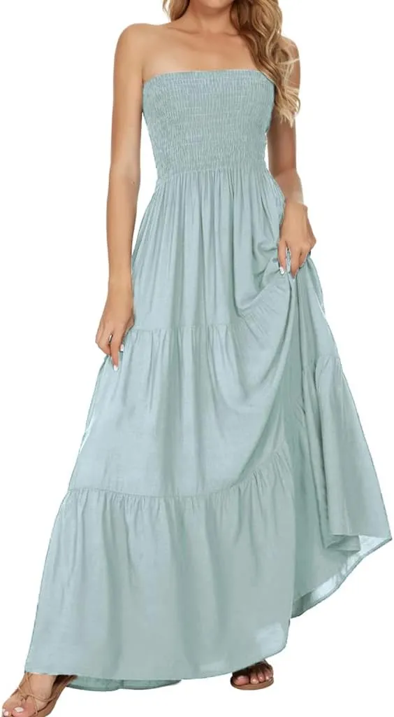 Women's Casual Off Shoulder Maxi Dress Strapless Tube Top Bohemian Beach Long Dresses 092