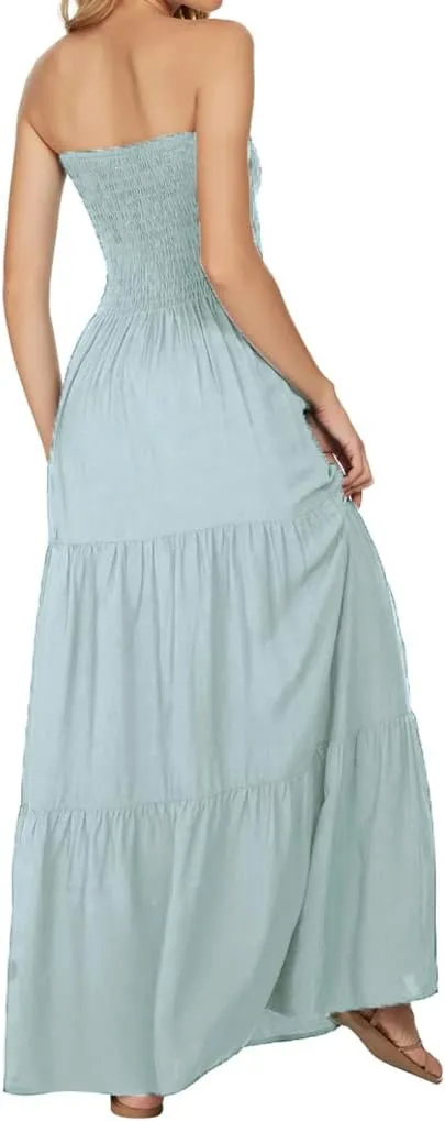 Women's Casual Off Shoulder Maxi Dress Strapless Tube Top Bohemian Beach Long Dresses 092