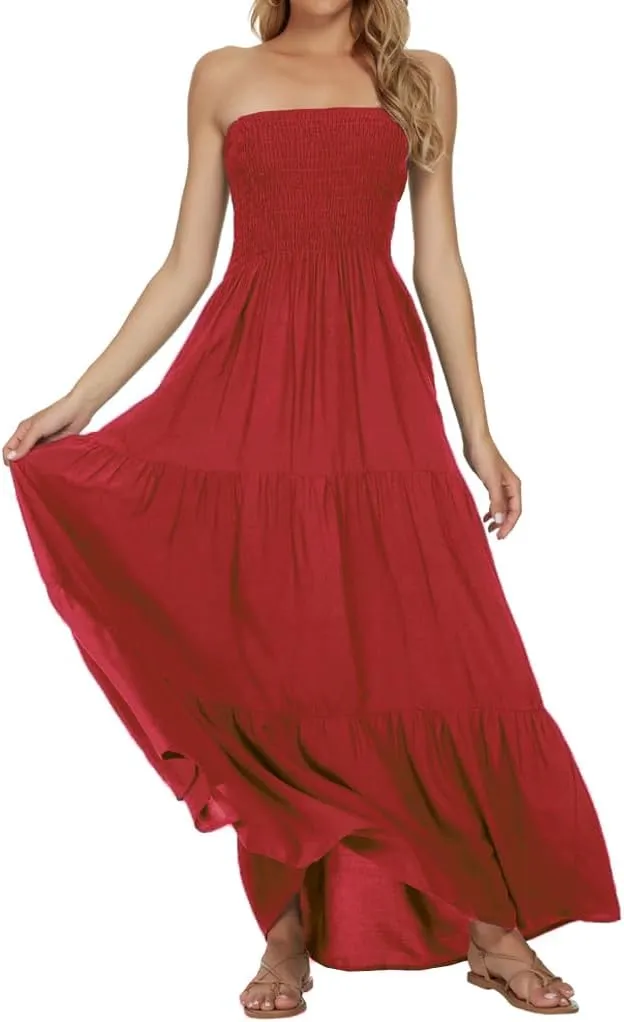 Women's Casual Off Shoulder Maxi Dress Strapless Tube Top Bohemian Beach Long Dresses 092
