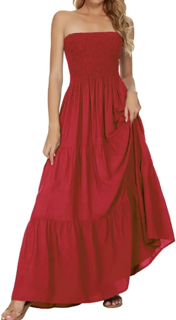 Women's Casual Off Shoulder Maxi Dress Strapless Tube Top Bohemian Beach Long Dresses 092