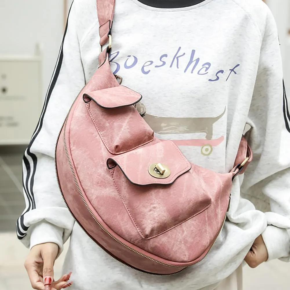 Women’s Crescent Shaped Crossbody Bag, PU Leather Casual Fashion Dumpling Hobo Shoulder Purse, Novelty Punk Sling Chest Bag
