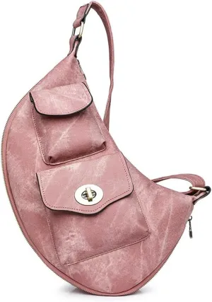 Women’s Crescent Shaped Crossbody Bag, PU Leather Casual Fashion Dumpling Hobo Shoulder Purse, Novelty Punk Sling Chest Bag