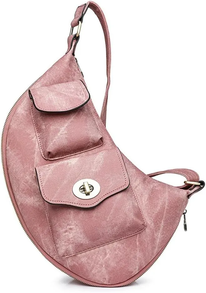 Women’s Crescent Shaped Crossbody Bag, PU Leather Casual Fashion Dumpling Hobo Shoulder Purse, Novelty Punk Sling Chest Bag