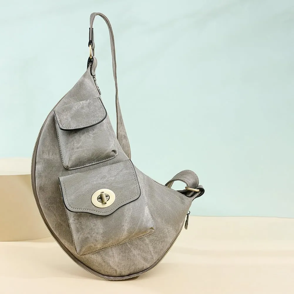 Women’s Crescent Shaped Crossbody Bag, PU Leather Casual Fashion Dumpling Hobo Shoulder Purse, Novelty Punk Sling Chest Bag
