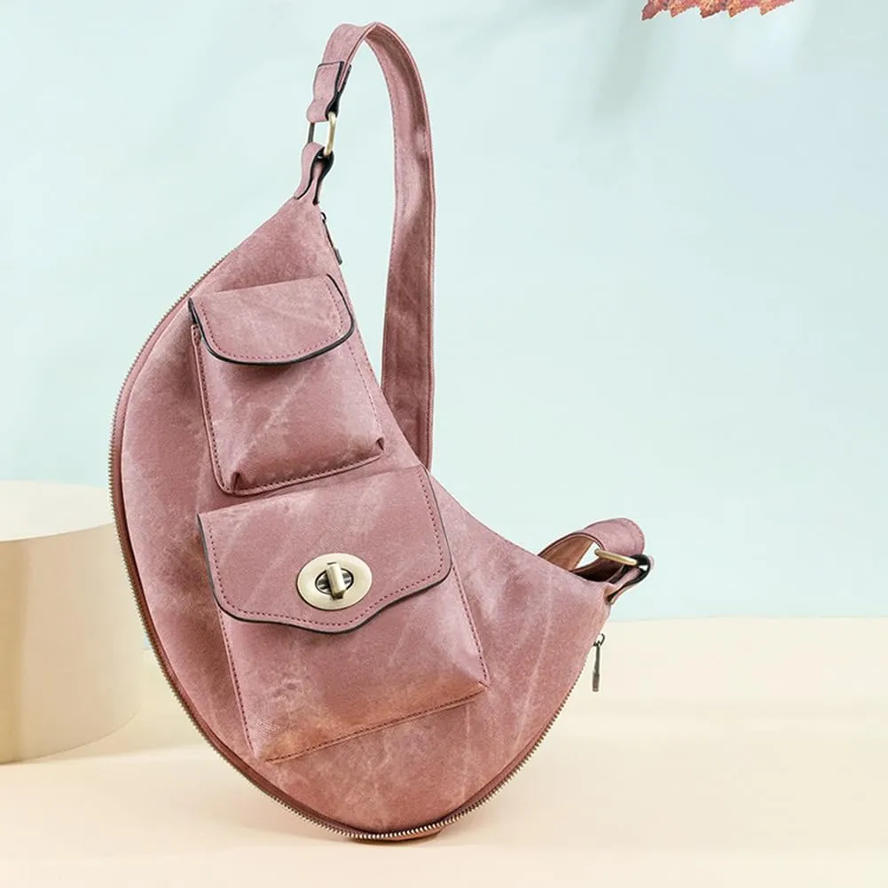 Women’s Crescent Shaped Crossbody Bag, PU Leather Casual Fashion Dumpling Hobo Shoulder Purse, Novelty Punk Sling Chest Bag