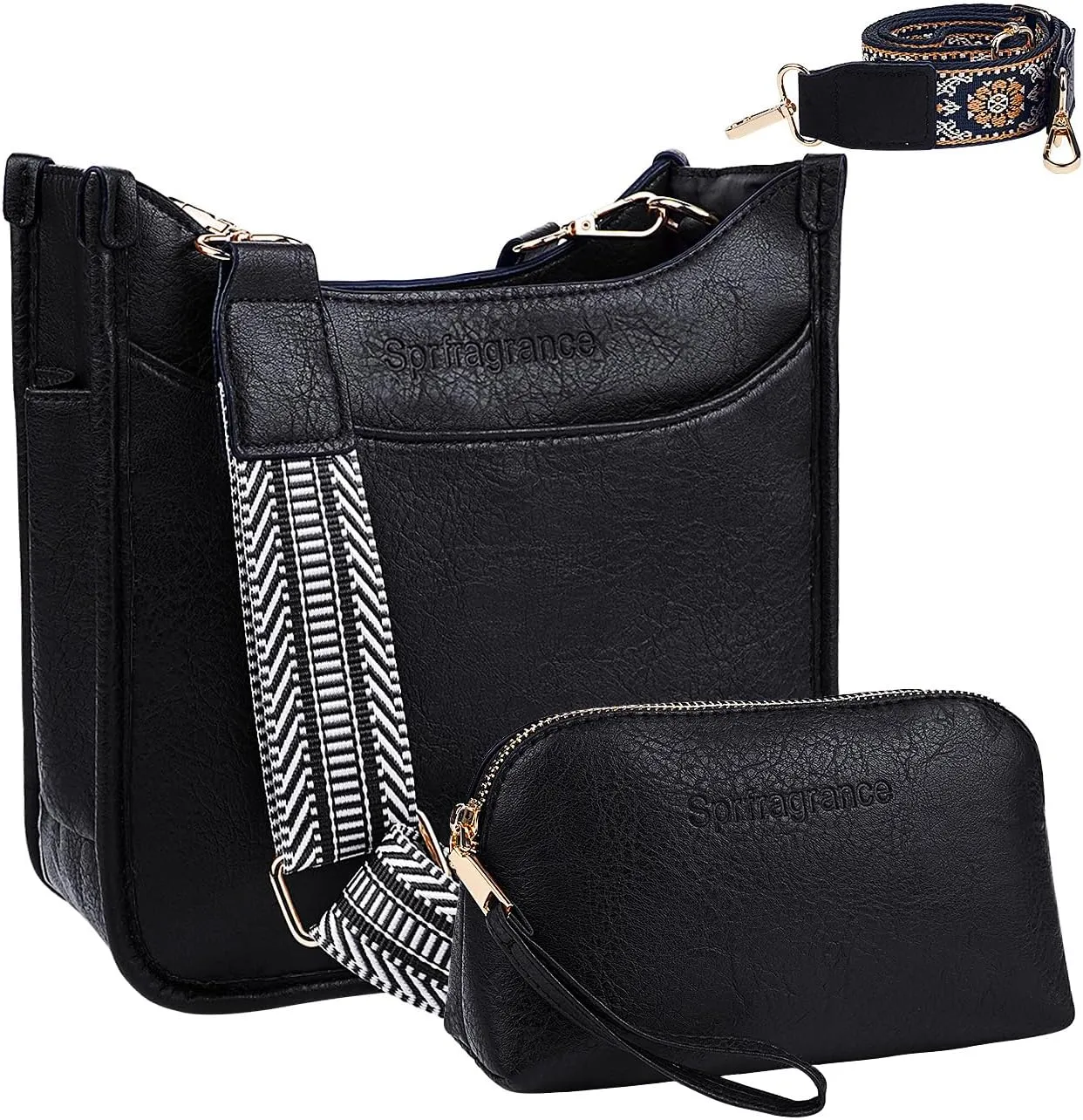 Women's Crossbody Handbags Vegen Leather Purses 2Pcs Hobo Purse Bags Wallet Set with 2 Adjustable Guitar Strap